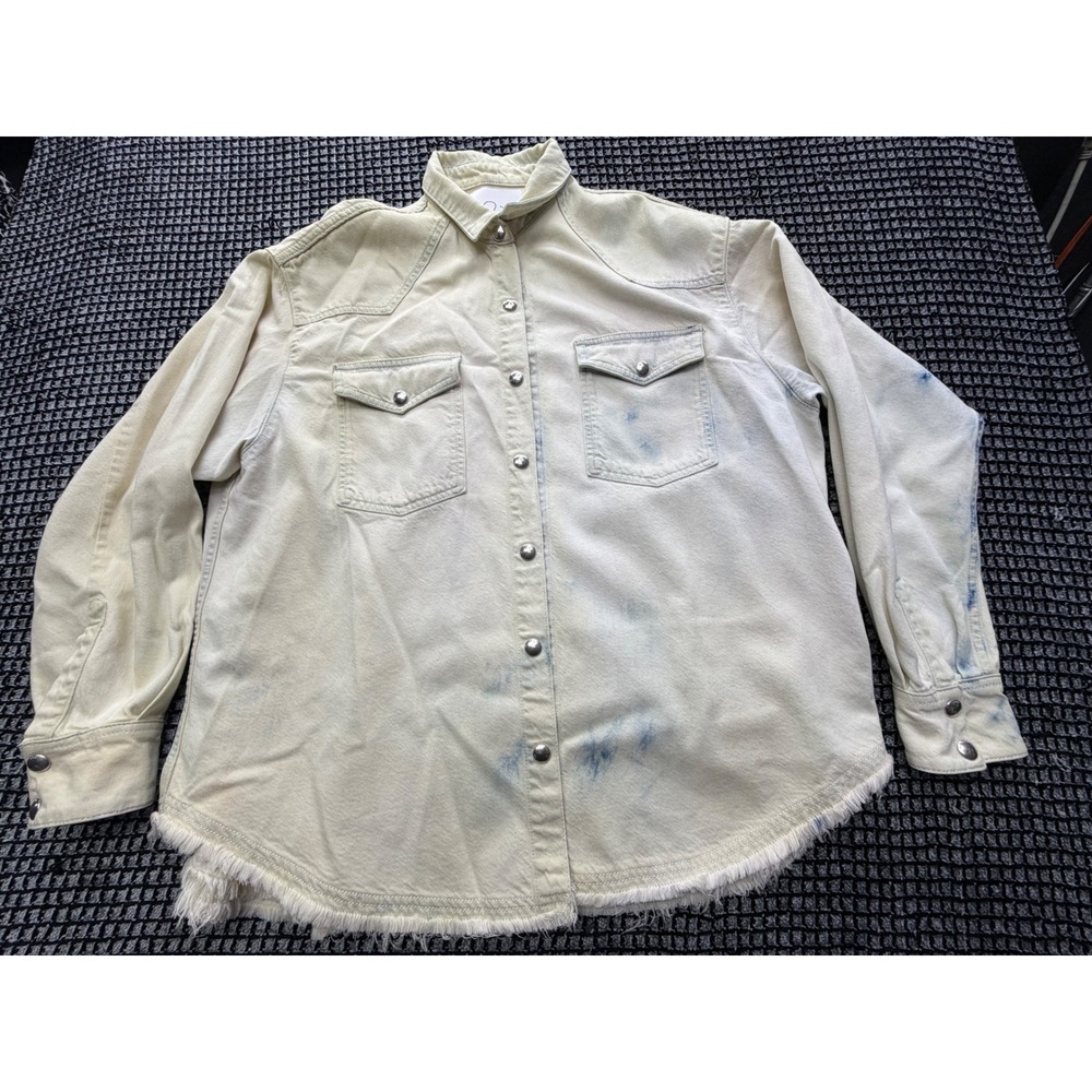 Cotton On Denim Western Shirt Mens XL Cream Acid Wash Raw Hem